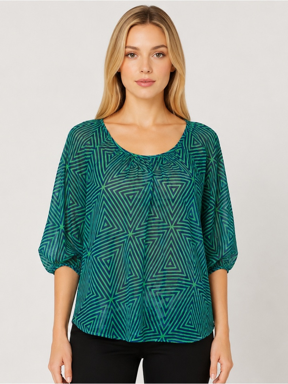 Love Notes Sheer Short Dolman Sleeve Blouse Blue/Green Size Medium